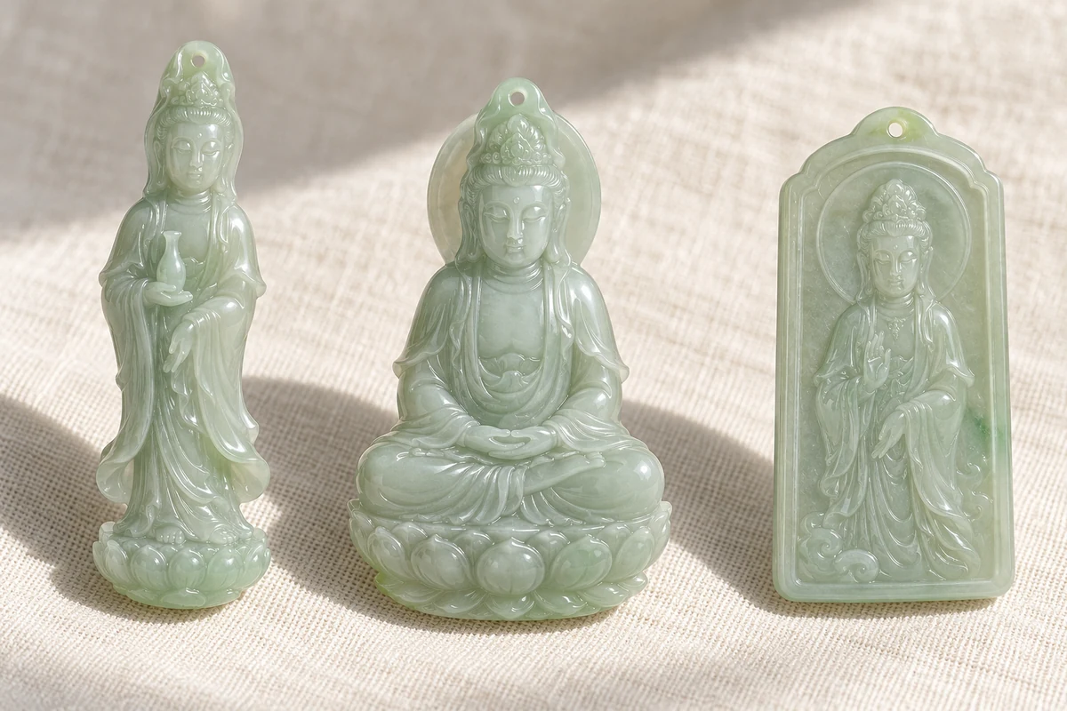 Three pale green and icy jadeite Guanyin pendants on ivory linen, left to right: a standing Guanyin holding a small vase, a Guanyin seated on an open lotus, and a flat rectangular plaque with Guanyin carved in low relief