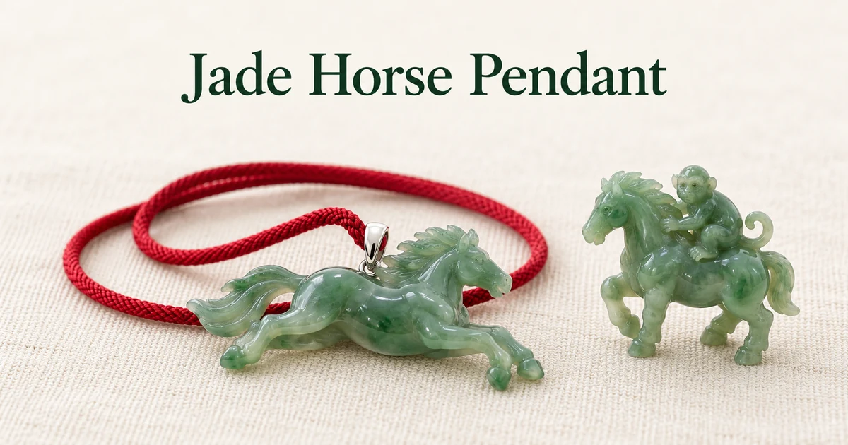A green jadeite galloping horse pendant with a white gold bail on a red silk cord, lying on ivory linen beside a small round-carved jadeite horse with a monkey on its back, in soft daylight