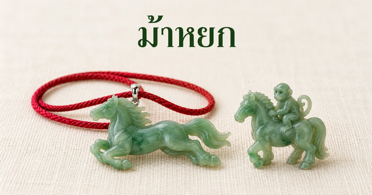 จี้หยกพม่ารูปม้าวิ่งสีเขียว หูห้อยทองขาว ร้อยเชือกไหมสีแดง วางบนผ้าลินินสีงาช้างข้างม้าหยกแกะรอบตัวตัวเล็กที่มีลิงนั่งบนหลัง ในแสงธรรมชาติอ่อนๆ