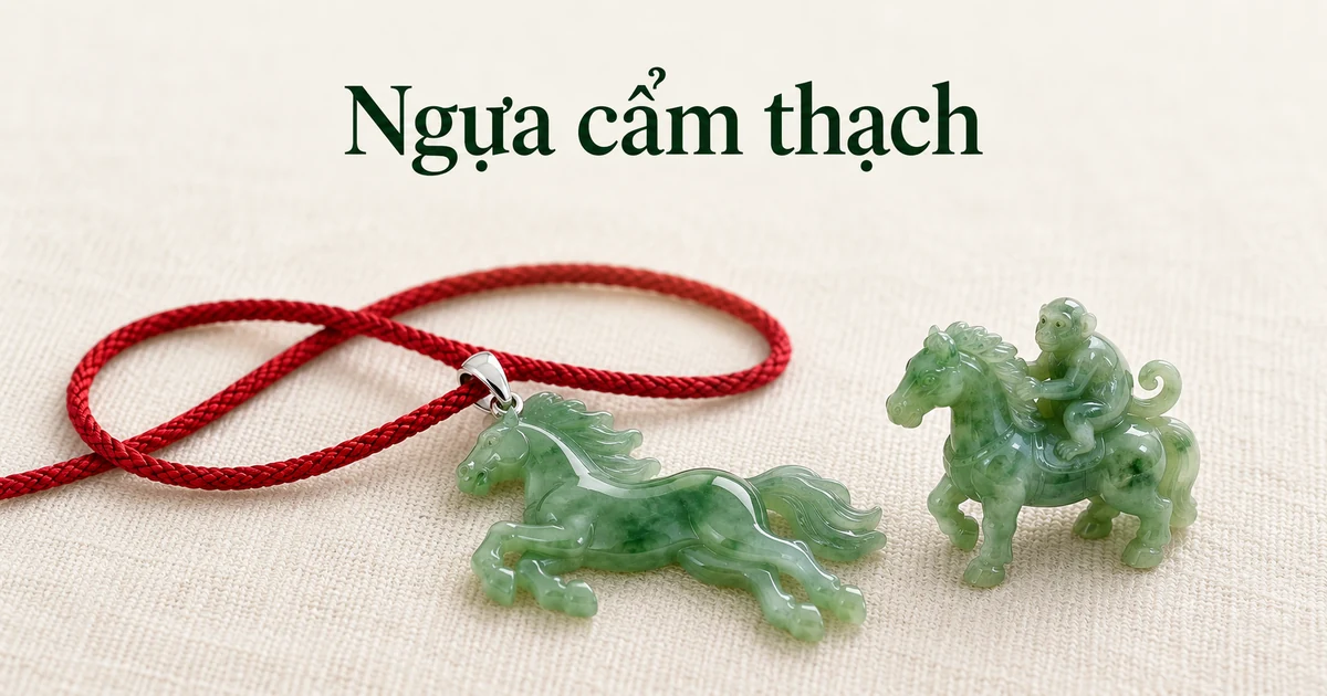 Một mặt dây ngựa phi bằng phỉ thúy xanh lục có móc vàng trắng xỏ trên dây lụa đỏ, nằm trên nền vải lanh màu ngà cạnh một con ngựa cẩm thạch chạm tròn nhỏ có chú khỉ ngồi trên lưng, dưới ánh sáng ban ngày dịu