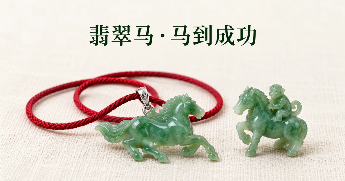 米白色亚麻布上,一件白金扣头的绿色翡翠奔马吊坠穿在红色丝绳上,旁边是一件背上坐着小猴的圆雕翡翠马,柔和的自然光