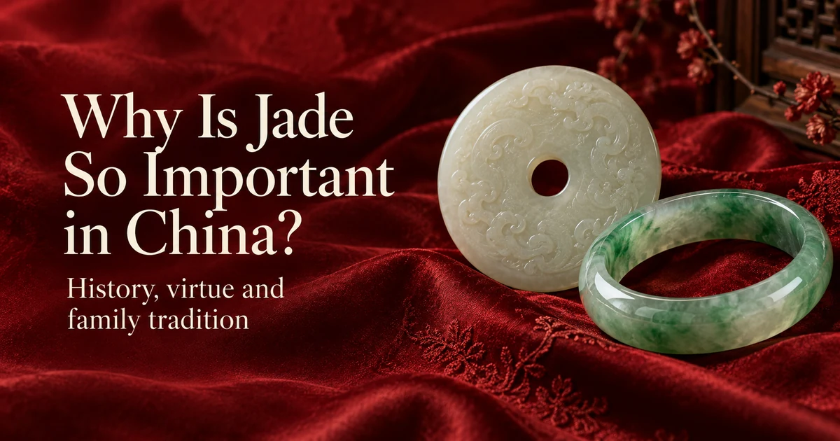 A pale nephrite bi disc and a translucent green jadeite bangle on red silk in soft light, with the title Why Is Jade So Important in Chinese Culture?