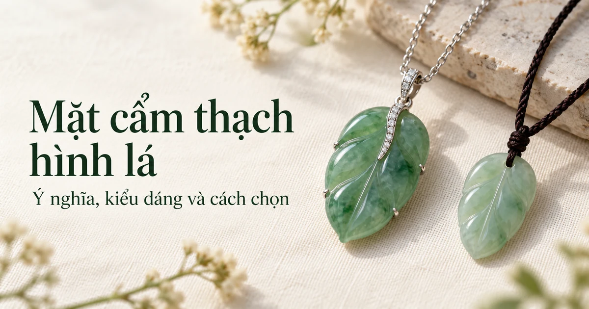 Một mặt dây phỉ thúy hình lá màu xanh bọc vàng trắng trên dây chuyền vàng trắng mảnh, nằm trên nền vải lanh màu ngà cạnh một chiếc lá cẩm thạch trơn nhỏ hơn đeo dây tết màu tối, dưới ánh sáng ban ngày dịu