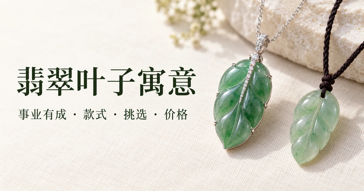 米白色亚麻布上,一件白金镶嵌的绿色翡翠叶子吊坠挂在细白金链上,旁边是一片挂深色编织绳的素面小翡翠叶子,柔和的自然光