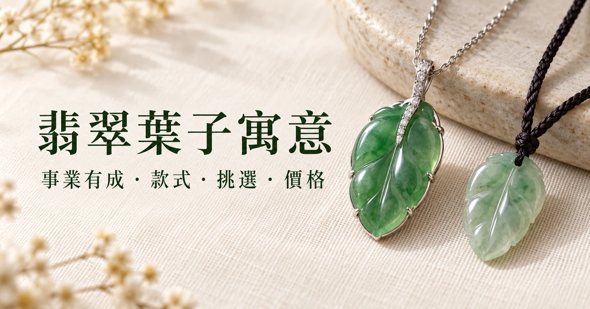 米白色亞麻布上,一件白金鑲嵌的綠色翡翠葉子吊墜掛在細白金鍊上,旁邊是一片掛深色編織繩的素面小翡翠葉子,柔和的自然光