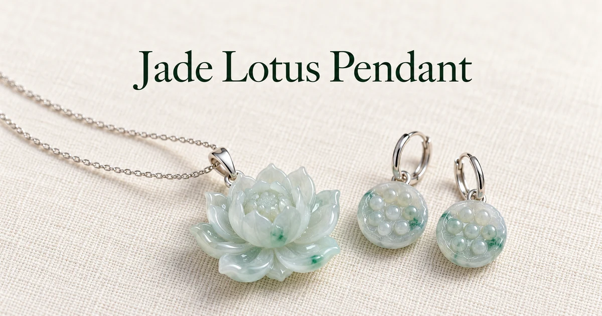 A pale icy jadeite lotus flower pendant with layered petals on a fine white gold chain, lying on ivory linen beside a pair of icy lotus seed pod earrings with soft blue-green flecks on white gold hoops, in soft daylight