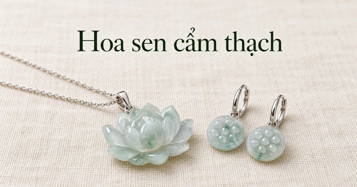 Một mặt hoa sen phỉ thúy băng chủng màu nhạt với nhiều lớp cánh trên dây chuyền vàng trắng mảnh, đặt trên vải lanh màu ngà cạnh một đôi bông tai đài sen băng chủng điểm hoa bay xanh lam lục nhẹ trên khoen tròn vàng trắng, dưới ánh sáng ban ngày dịu