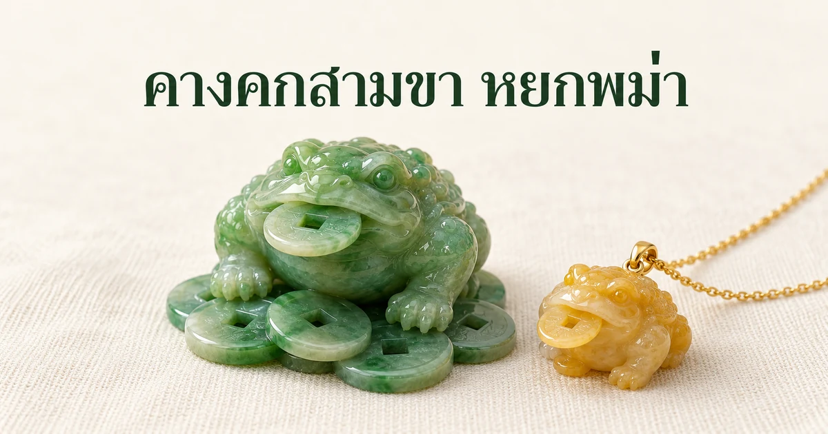 คางคกสามขาหยกพม่าสีเขียวคาบเหรียญ นั่งบนกองเหรียญหยกแกะสลักเล็กๆ บนผ้าลินินสีงาช้าง ข้างจี้คางคกหยกพม่าสีเหลืองน้ำผึ้งบนสร้อยทองเส้นเล็ก ในแสงธรรมชาติอ่อนๆ