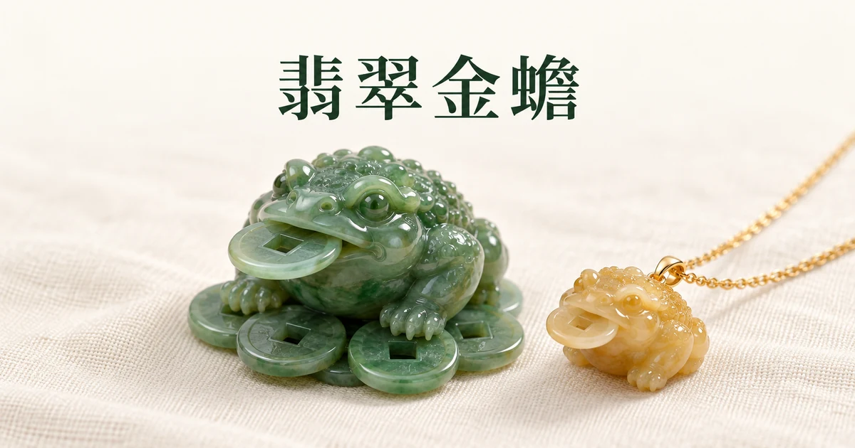 米白色亚麻布上,一只口衔铜钱、坐在一小堆翡翠雕刻铜钱上的绿色三足金蟾,旁边是一件挂在细黄金链上的蜜黄色翡翠金蟾吊坠,柔和的自然光