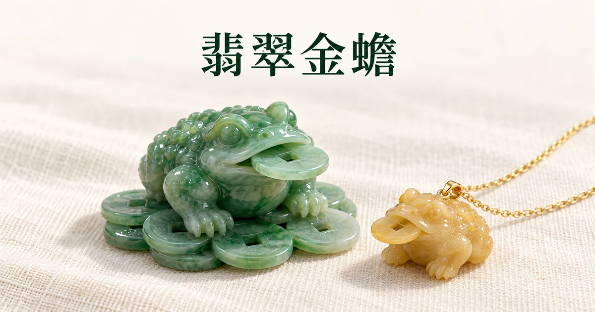 米白色亞麻布上,一隻口銜銅錢、坐在一小堆翡翠雕刻銅錢上的綠色三足金蟾,旁邊是一件掛在細黃金鍊上的蜜黃色翡翠金蟾吊墜,柔和的自然光