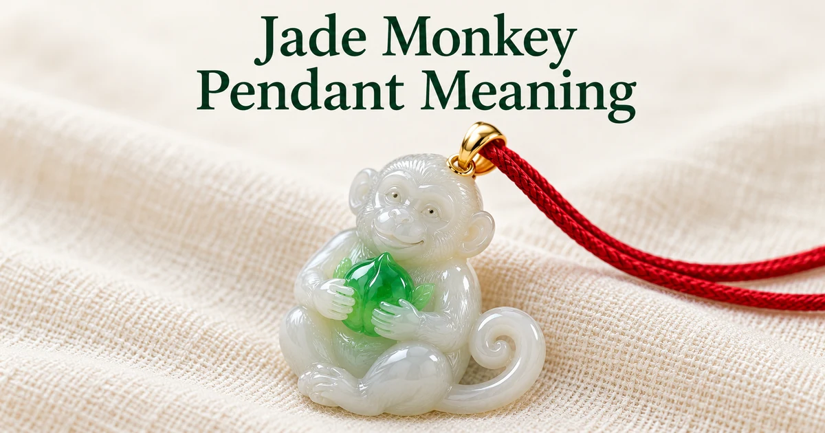 A green and white jadeite monkey pendant holding a peach, with a gold bail on a red silk cord, lying on ivory linen in soft daylight