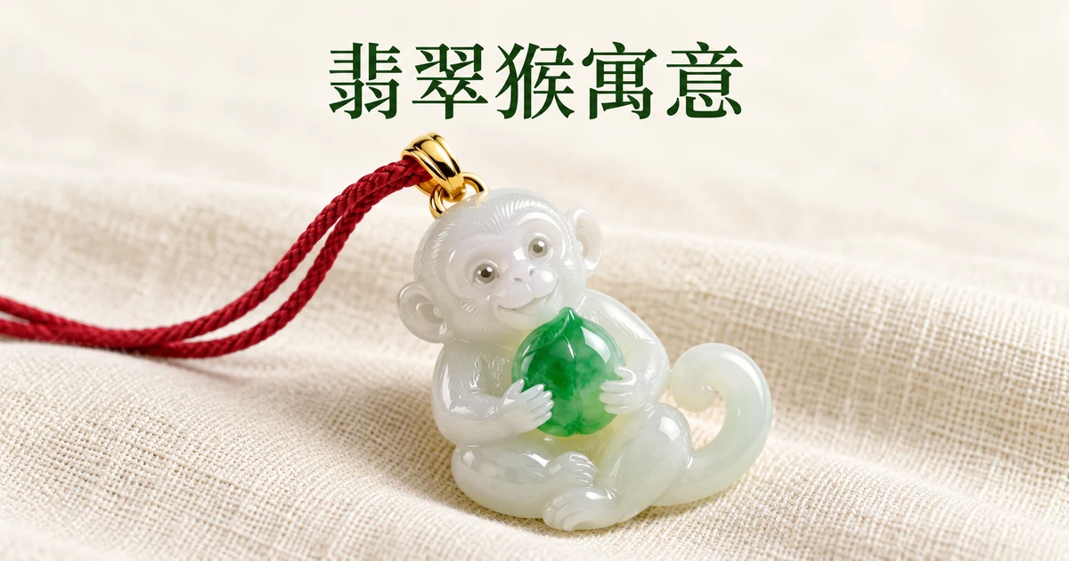 米白亚麻布上一件捧着桃子的绿白色翡翠猴吊坠,配金扣头、穿红色丝绳,柔和自然光