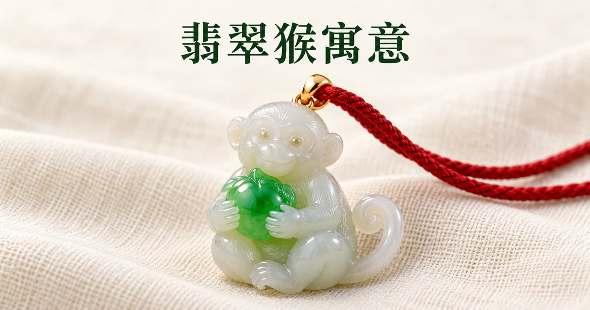 米白亞麻布上一件捧著桃子的綠白色翡翠猴吊墜,配金扣頭、穿紅色絲繩,柔和自然光