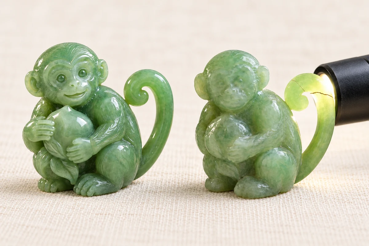 Close-up on ivory linen of two small green jadeite monkey carvings, left to right: a lively monkey with a clearly carved face, separated fingers holding a peach and a polished curled tail, and a stiff monkey with a blurred face and a fine crack across its thin tail lit by a small flashlight from behind