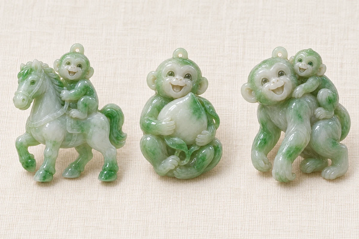 Three jadeite monkey pendants in a row on ivory linen, left to right: a small monkey sitting on a horse's back, a monkey holding a large peach in both hands, and a big monkey carrying a baby monkey on its back