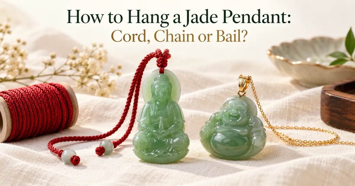 A green jadeite Guanyin pendant on a red braided cord beside a laughing Buddha pendant on a gold chain, with a coil of jade thread on ivory linen, and the title How to Hang a Jade Pendant: Cord, Chain or Bail?