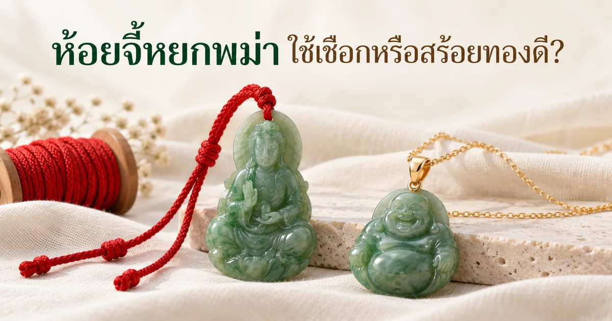 จี้เจ้าแม่กวนอิมหยกพม่าสีเขียวบนเชือกถักสีแดง ข้างจี้พระสังกัจจายน์บนสร้อยทองและม้วนด้ายหยกบนผ้าลินินสีงาช้าง พร้อมหัวข้อ ห้อยจี้หยกพม่า ใช้เชือกหรือสร้อยทองดี?