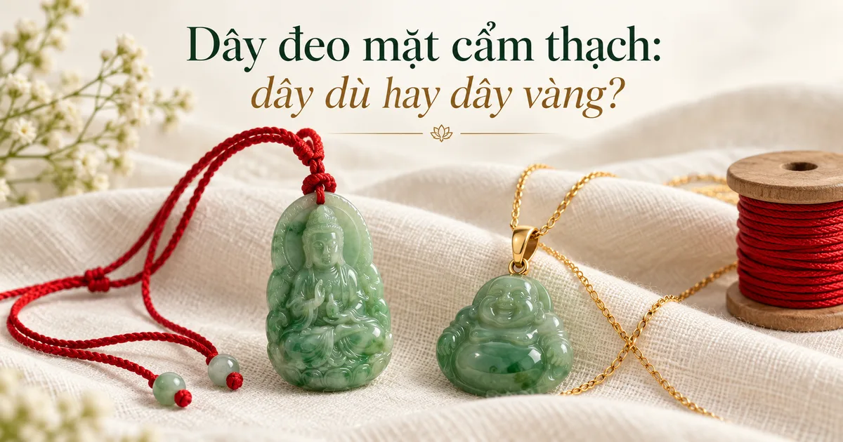 Mặt Quan Âm phỉ thúy xanh trên dây bện đỏ cạnh mặt Di Lặc trên dây chuyền vàng và một cuộn chỉ ngọc trên vải lanh màu ngà, kèm tiêu đề Dây đeo mặt cẩm thạch, phỉ thúy: dây dù hay dây vàng?
