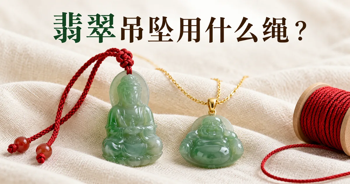 米白色亚麻布上,红色编织绳挂着绿色翡翠观音,旁边是金链挂佛公和一卷玉线,配标题「翡翠吊坠用什么绳?」