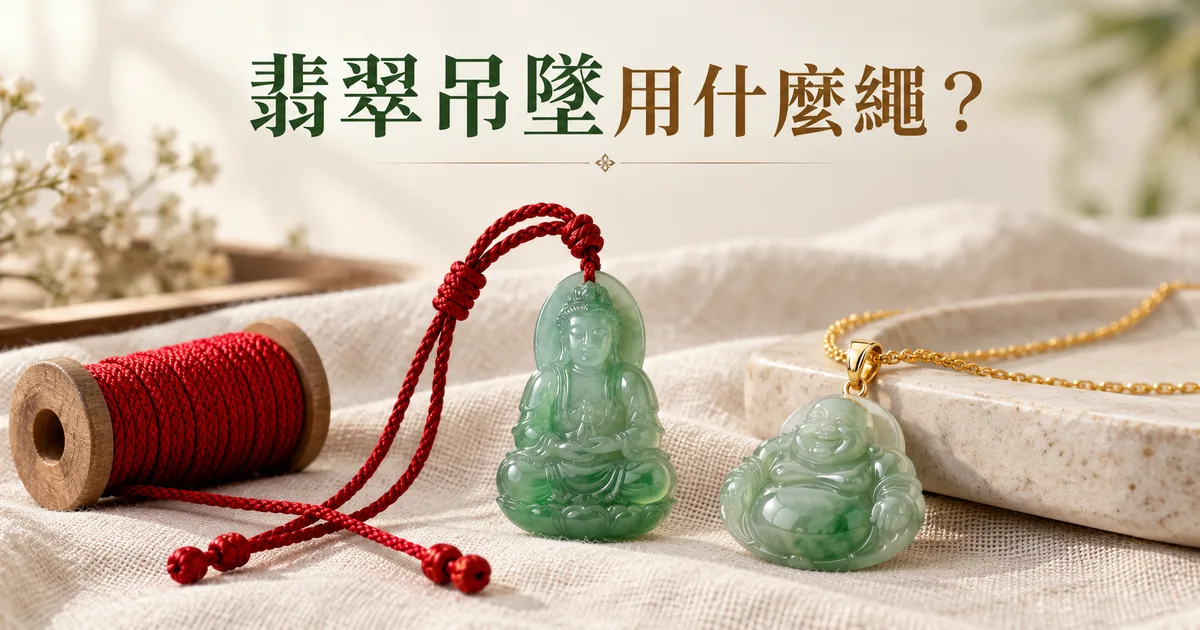 米白色亞麻布上,紅色編織繩掛著綠色翡翠觀音,旁邊是金鏈掛佛公和一卷玉線,配標題「翡翠吊墜用什麼繩?」