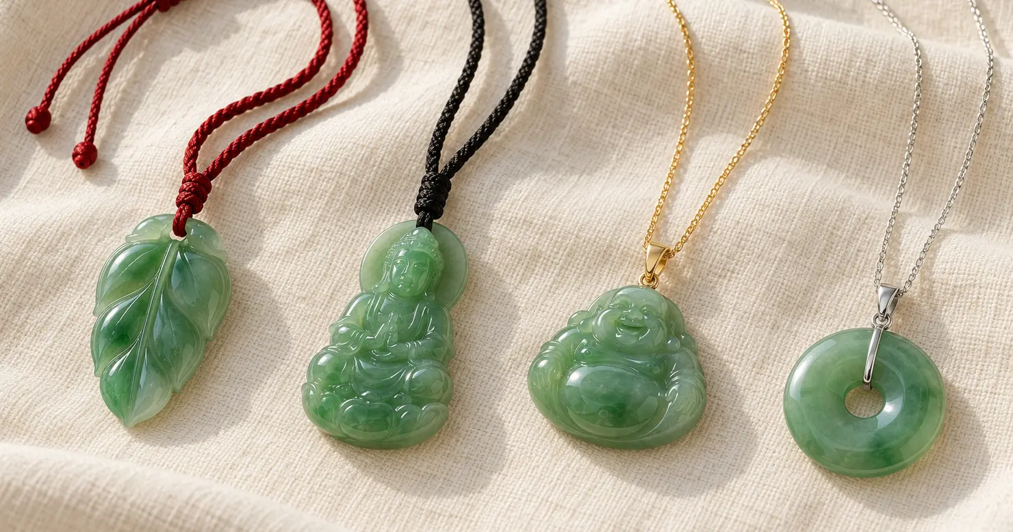 Four green jadeite pendants laid out on ivory linen: a leaf on a red braided cord, a Guanyin plaque on a black braided cord, a laughing Buddha with a gold bail on a yellow gold chain and a safety buckle with a bail on a silver chain