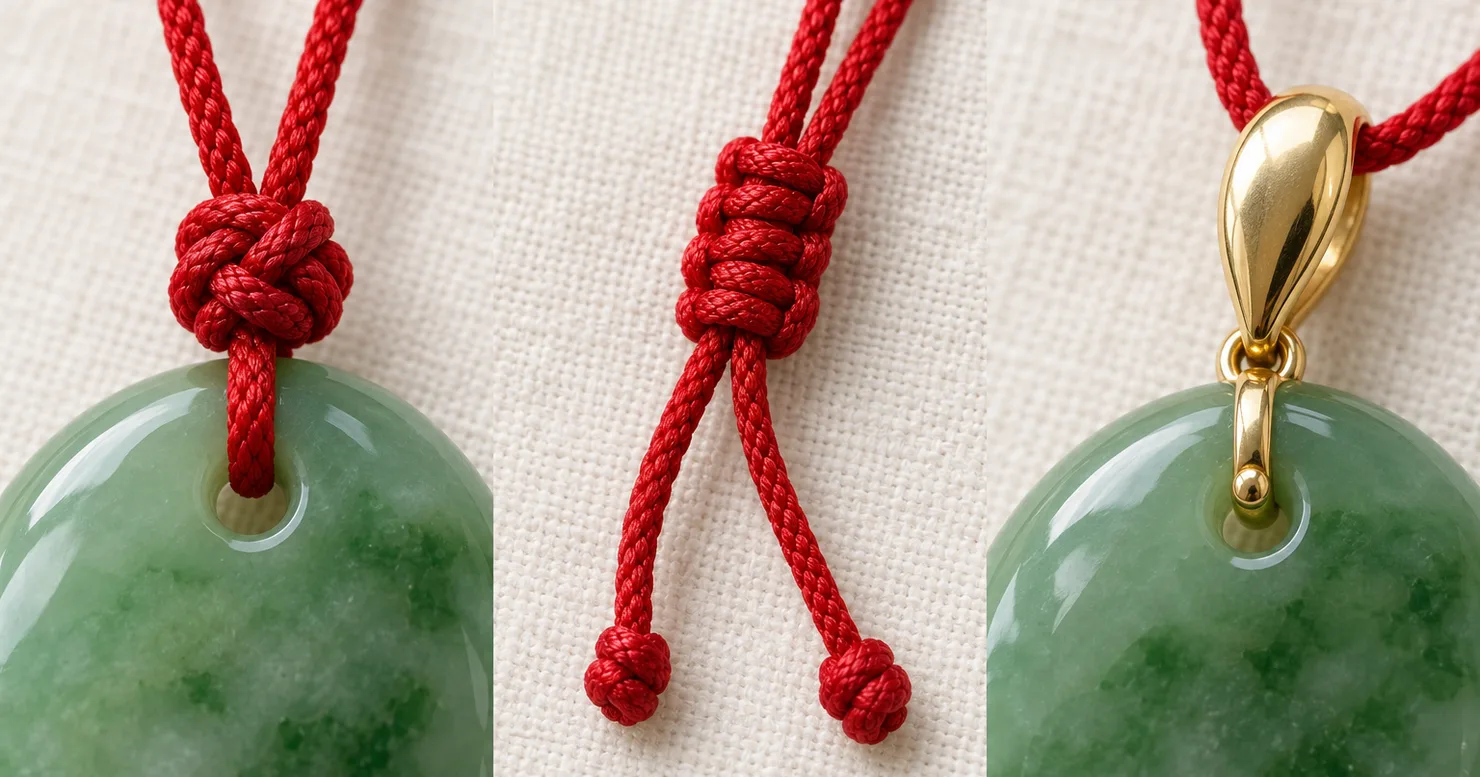 Close-up of three ways a jadeite pendant is fixed: a red cord through the drill hole with a firm knot above it, a sliding knot closing the two cord ends, and a gold melon-seed bail with a pin through the hole