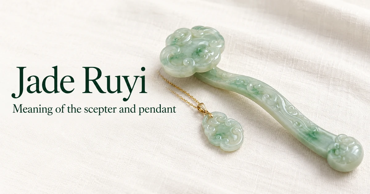 A pale green jade ruyi scepter on ivory linen in soft daylight, its cloud-shaped head resting beside a small icy light green jadeite ruyi pendant on a fine gold chain