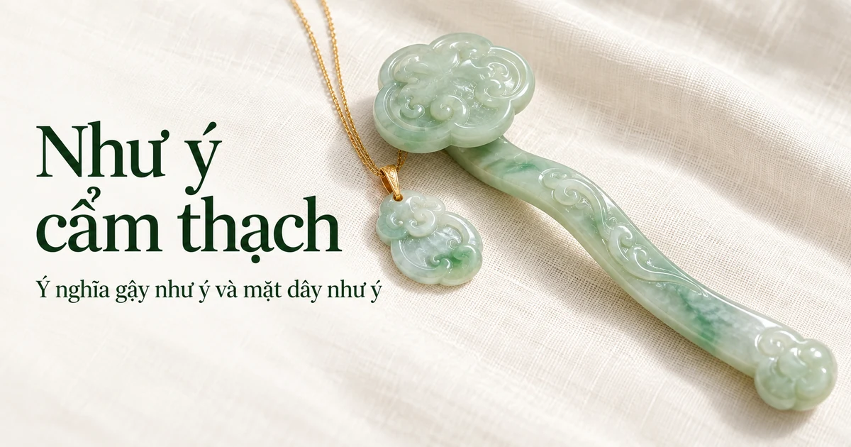 Một cây gậy như ý bằng ngọc màu xanh nhạt trên nền vải lanh màu ngà dưới ánh sáng ban ngày dịu, cạnh đầu hình mây là một mặt dây như ý cẩm thạch nền băng xanh nhạt trên dây chuyền vàng mảnh
