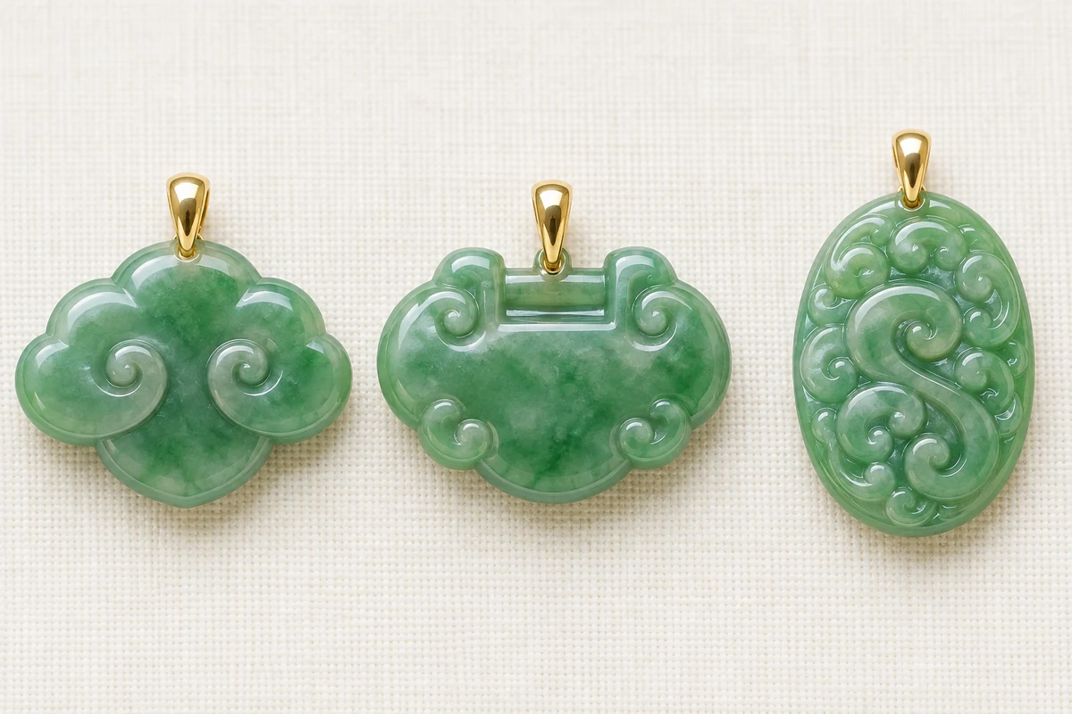 Three green jadeite pendants in a row on ivory linen, left to right: a pendant carved as a single cloud-shaped ruyi head, a lock-shaped pendant with a curved ruyi outline, and an oval pendant carved with flowing ruyi cloud scrolls
