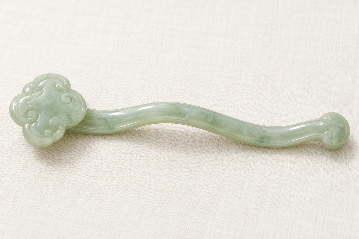 A pale green jade ruyi scepter lying on ivory linen in soft daylight, its broad cloud-shaped head on the left, a long gently S-curved shaft in the middle and a small rounded tail end on the right