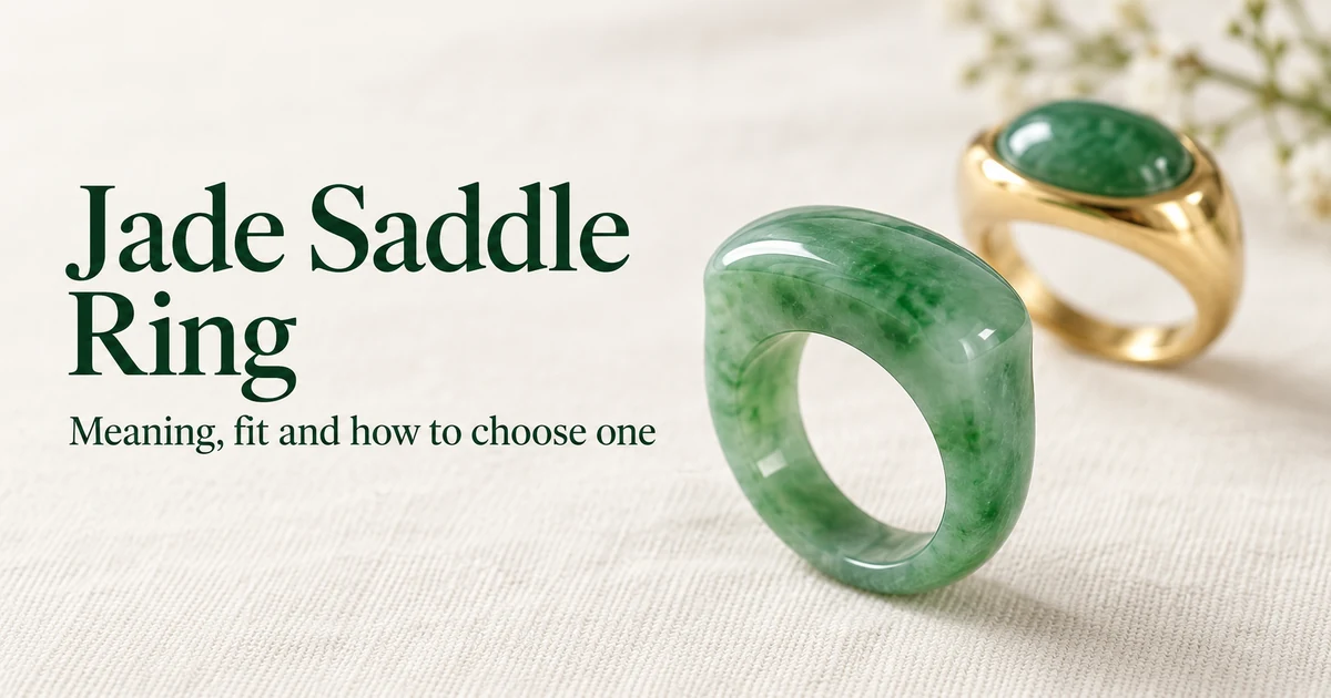 A green all-jadeite saddle ring standing upright on ivory linen in soft daylight, beside a yellow-gold saddle ring set with a green jadeite cabochon