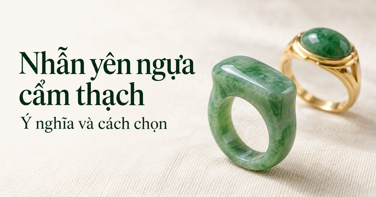 Nhẫn yên ngựa cẩm thạch xanh nguyên khối dựng đứng trên vải lanh màu ngà dưới ánh sáng ban ngày dịu, bên cạnh nhẫn yên ngựa vàng gắn mặt cẩm thạch xanh