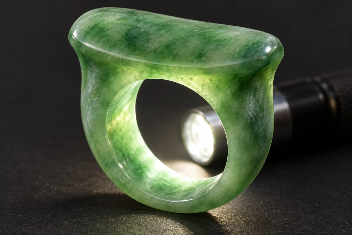 A green jadeite saddle ring lit from inside the band by a small flashlight against a dark background; light shows clearly through the band and shoulders, the thicker saddle glows less, and no crack is visible
