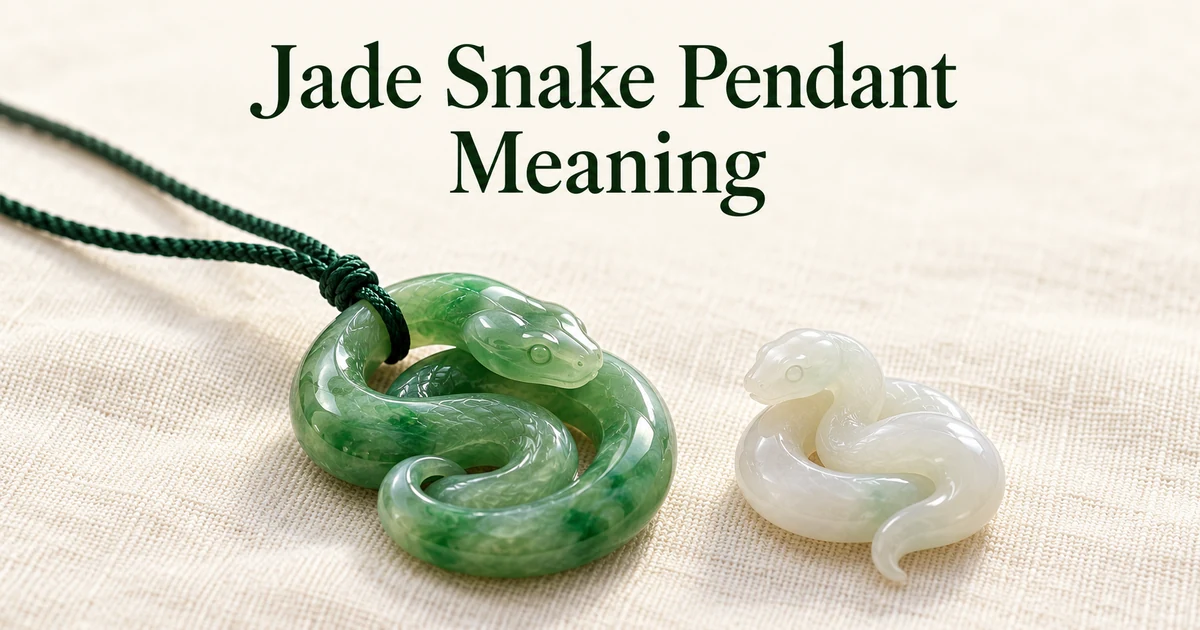 A green jadeite coiled snake pendant on a dark green silk cord lying on ivory linen, beside a small white jadeite snake carving, in soft daylight