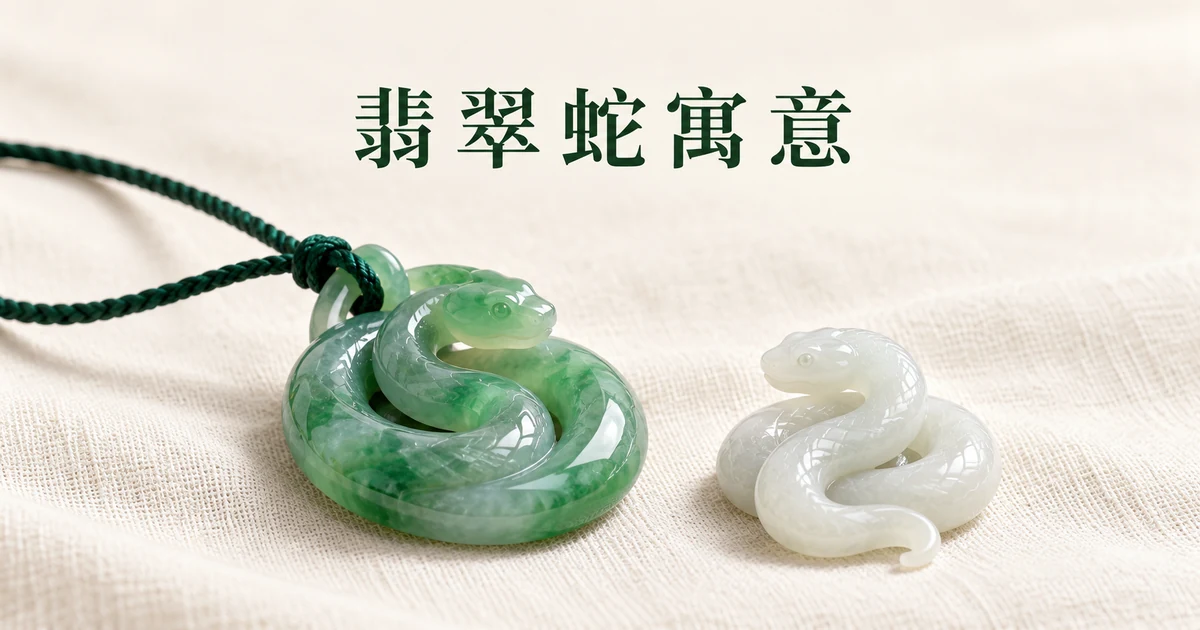米白亚麻布上一件穿墨绿色丝绳的绿色翡翠盘蛇吊坠,旁边一个白色翡翠小蛇雕件,柔和自然光