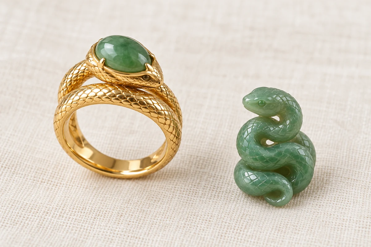 Close-up on ivory linen in soft daylight, left to right: a yellow gold ring shaped like a coiled snake holding an oval green jadeite cabochon on its head, and a small green jadeite coiled snake pendant showing fine carved scales