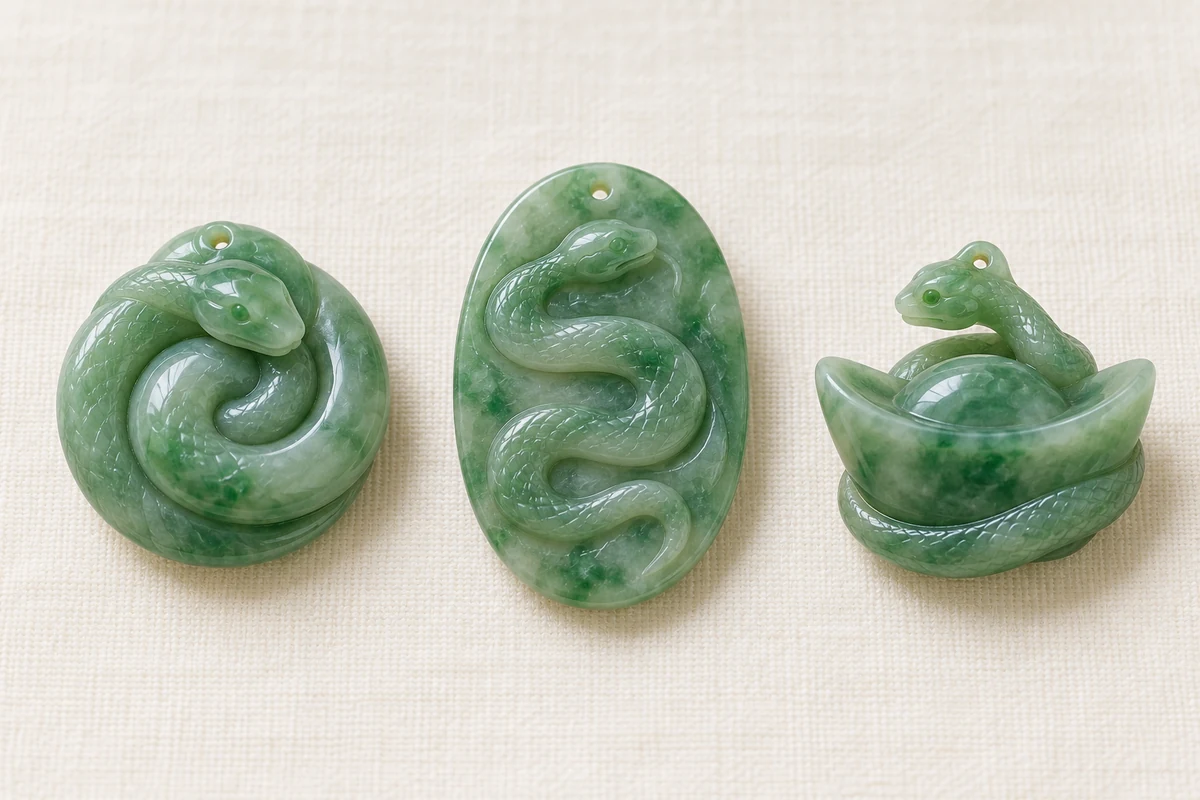 Three green jadeite snake pendants in a row on ivory linen, left to right: a round-carved snake coiled in a compact spiral with its head resting on top, a flat oval plaque with a snake carved in low relief, and a small snake curled around a jadeite gold ingot