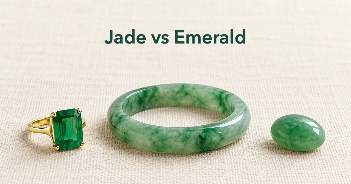 A faceted green emerald ring beside a green jadeite bangle and a jadeite cabochon on ivory linen in soft daylight