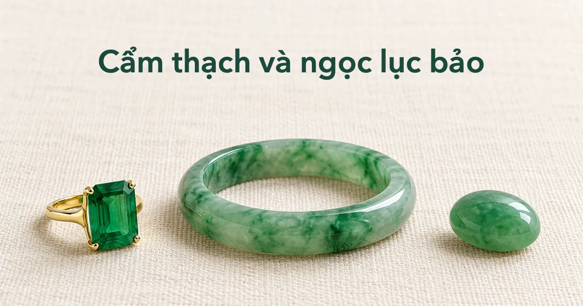 Chiếc nhẫn ngọc lục bảo mài giác bên cạnh một chiếc vòng cẩm thạch xanh và một mặt cabochon phỉ thúy trên vải lanh màu ngà, ánh sáng ban ngày dịu