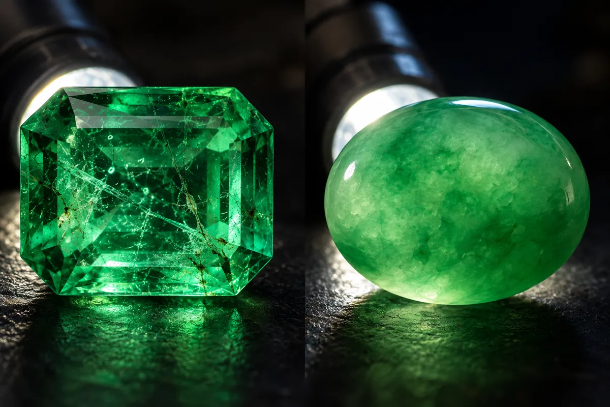 Two close-ups lit from behind by a small flashlight against a dark background: on the left a transparent green emerald with wispy inclusions and fine fissures inside, on the right a translucent green jadeite with a grainy, interlocking texture that diffuses the light into a soft glow