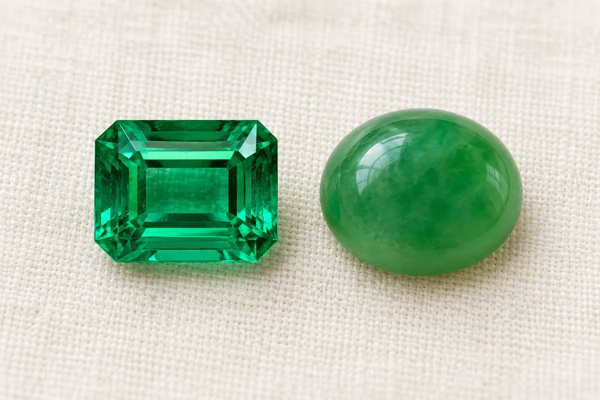 A step-cut green emerald with sharp facets on the left and a smooth, domed green jadeite cabochon of a similar color on the right, lying side by side on ivory linen