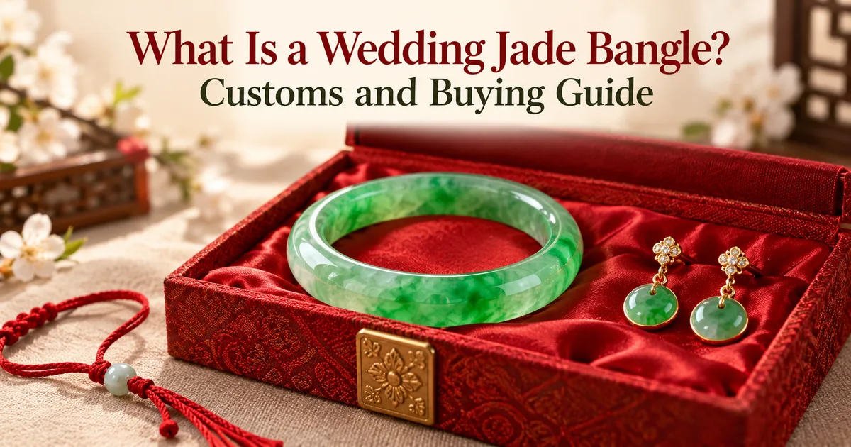 A green jadeite bangle and a pair of gold-set jadeite earrings resting on red silk in an open red gift box on ivory linen, with the title What Is a Wedding Jade Bangle? Customs and Buying Guide