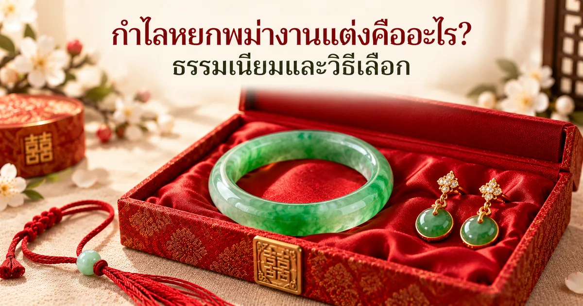 กล่องของขวัญสีแดงเปิดอยู่บนผ้าลินินสีงาช้าง ด้านในปูผ้าไหมแดง มีกำไลหยกพม่าสีเขียวและต่างหูหยกตัวเรือนทองหนึ่งคู่ พร้อมชื่อเรื่อง กำไลหยกพม่างานแต่งคืออะไร? ธรรมเนียมและวิธีเลือก