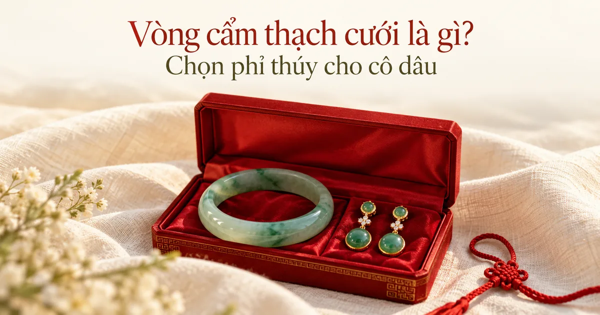 Hộp quà đỏ mở nắp trên vải lanh màu ngà, bên trong lót lụa đỏ có một chiếc vòng cẩm thạch xanh và đôi bông tai phỉ thúy bọc vàng, kèm tiêu đề Vòng cẩm thạch cưới là gì? Chọn phỉ thúy cho cô dâu