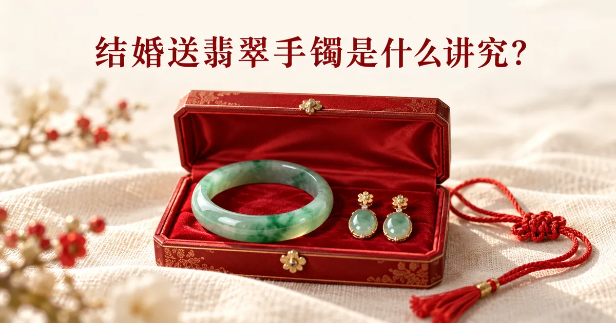 米白色亚麻布上打开的红色首饰盒,红绸上放着一只绿色翡翠手镯和一对金镶翡翠耳坠,配标题「结婚送翡翠手镯是什么讲究?婚嫁翡翠挑选指南」