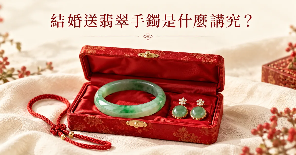 米白色亞麻布上開啟的紅色首飾盒,紅綢上放著一隻綠色翡翠手鐲和一對金鑲翡翠耳墜,配標題「結婚送翡翠手鐲是什麼講究?婚嫁翡翠挑選指南」
