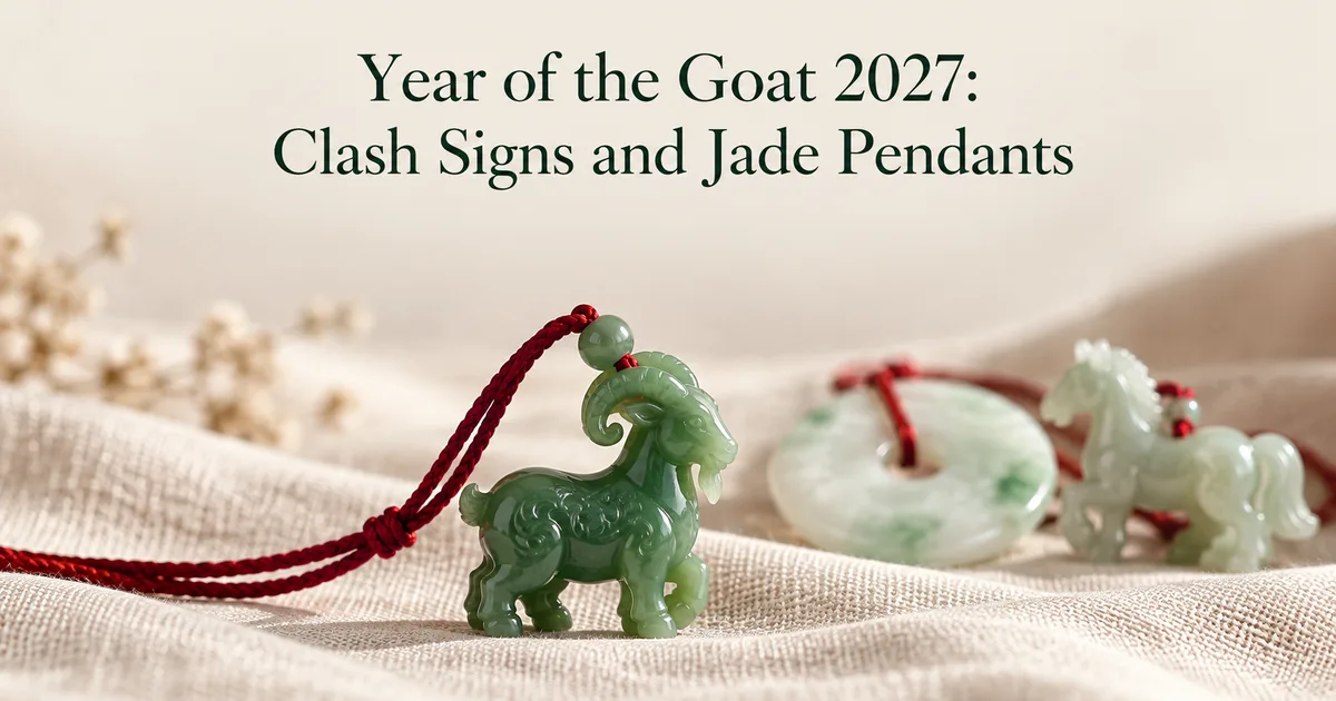 A carved green jadeite goat pendant on a red cord beside a round safety buckle and a small horse pendant on ivory linen, with the title Year of the Goat 2027: Clash Signs and Jade Pendants