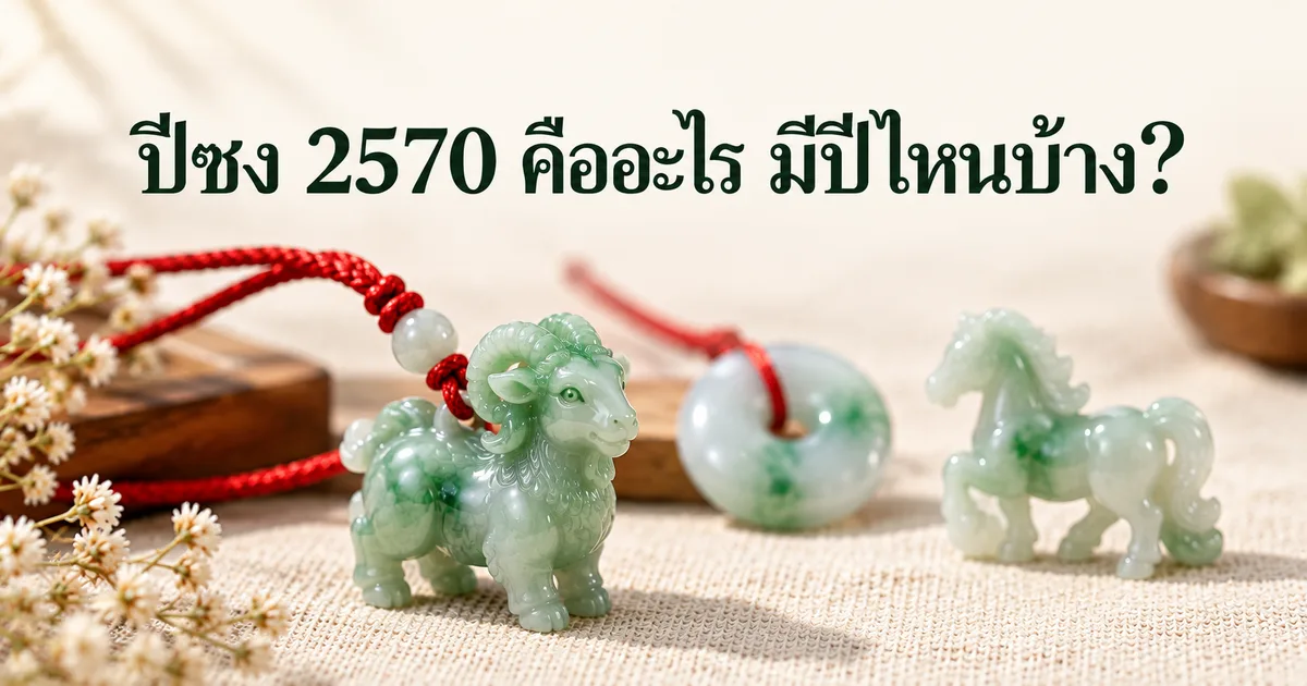 จี้หยกพม่ารูปแพะสีเขียวร้อยเชือกแดง วางข้างห่วงผิงอันและจี้ม้าตัวเล็กบนผ้าลินินสีงาช้าง พร้อมหัวข้อ ปีชง 2570 คืออะไร มีปีไหนบ้าง?
