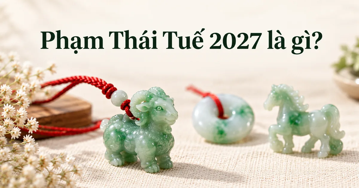 Mặt dây phỉ thúy hình con Dê màu xanh đeo dây đỏ, đặt cạnh khấu bình an và mặt con Ngựa nhỏ trên vải lanh màu ngà, với tiêu đề Phạm Thái Tuế 2027 là gì?
