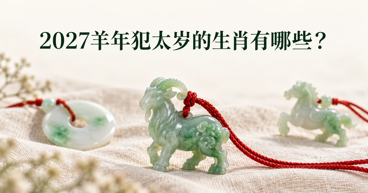 米白亚麻布上,一只穿红绳的绿色翡翠羊挂件,旁边是一个平安扣和一只小马挂件,配标题「2027羊年犯太岁的生肖有哪些?」
